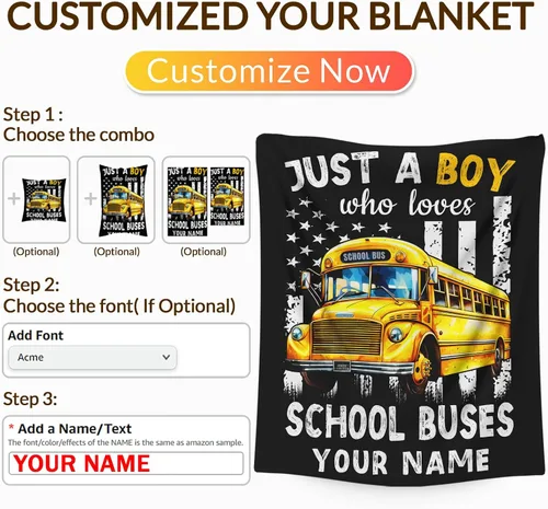 Miniatura 3 de Manta personalizada para niños con nombre, manta de autobús escolar para niños y adolescentes, 40 x 50 pulgadas, lindas mantas para sofá cama