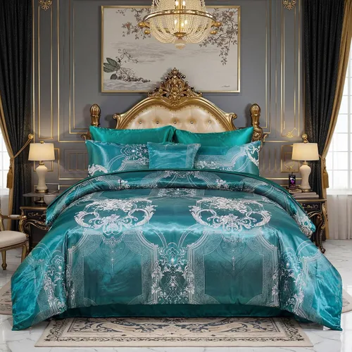 Miniatura 23 de Juego de edredón Queen de jacquard verde, juego de sábanas, elegante juego de ropa de cama de 8 piezas bordado, diseño floral neoclásico, decoración