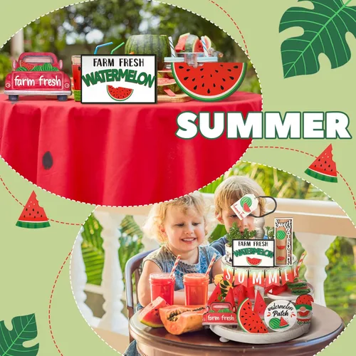 Miniatura 6 de Juego de 13 piezas de decoración de bandejas escalonadas de sandía de verano, letrero de madera de verano de madera de Hawaii, decoración de bandeja