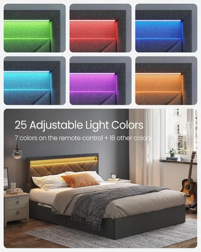 Miniatura 3 de VASAGLE Base de cama LED tamaño Queen, cama Queen con cabecera y 4 cajones, 1 puerto USB y 1 puerto tipo C, cabecera tapizada ajustable de 36.7/39.3