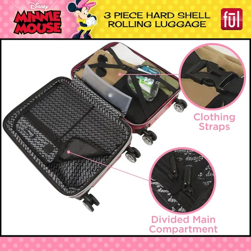 Miniatura 4 de FUL Disney Minnie Mouse Patchwork - Juego de equipaje con ruedas de 3 piezas, maleta rígida con ruedas, 21, 25 y 29 pulgadas, color rojo, Rojo