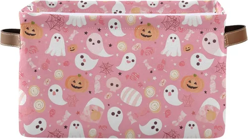 Miniatura 25 de Cesta de Almacenamiento Morada Happy Halloween Cestas de Tela para Cocina Calabaza Calavera Fantasma Murciélago Truco o Trato Contenedores Abiertos