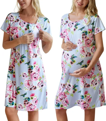 Ekouaer - Camisón con botones y manga corta para mujer, vestido para lactancia, parto, hospital y maternidad, tallas S-XXL