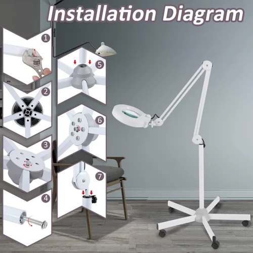 Miniatura 8 de Veemagni Lupa superbrillante de 2,200 lúmenes, lupa de 15X con luz y soporte, lámpara de pie con base rodante de 5 ruedas para tratamientos faciales