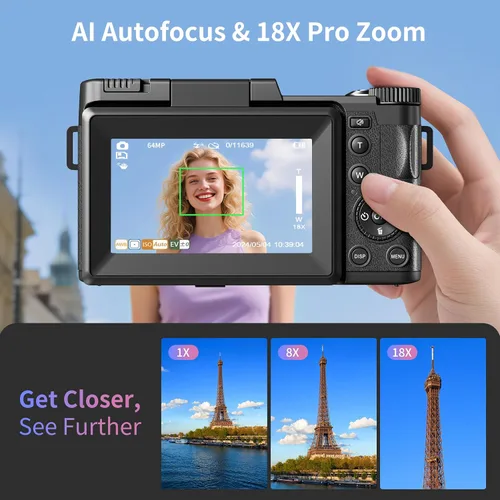 Miniatura 3 de Cámara Digital 5K, Cámaras de 64MP para Fotografía, Vlogging de YouTube, Cámara Compacta de Apuntar y Disparar con Zoom 18X UHD Autoenfoque