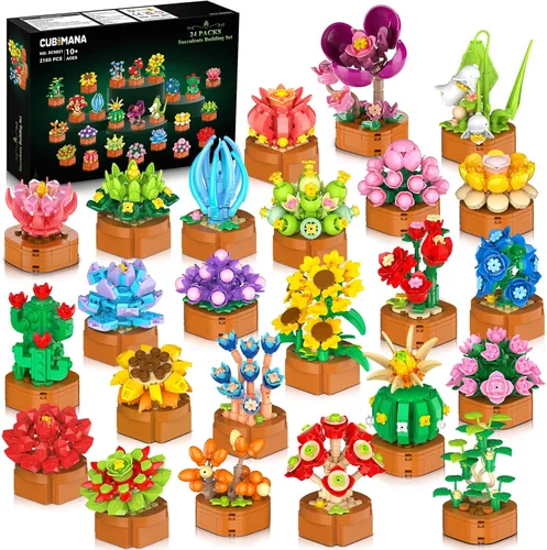CUBIMANA Juego de 24 flores y suculentas, 2160 piezas, colección botánica de 0.142 in, kit de mini flores para decoración del hogar, juguetes de