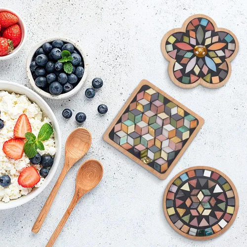 Miniatura 5 de WEBEEDY Juego de 3 posavasos de mosaico para manualidades, kits de mosaico de colores mixtos de vidrio con posavasos de bambú para adultos