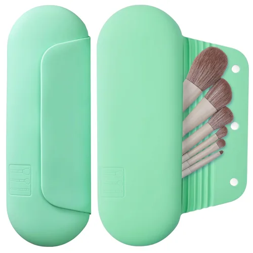 AGIKET Soporte de silicona para brochas de maquillaje, bolsa de cosméticos de viaje: soporte suave y portátil para cepillos faciales con cierre Verde