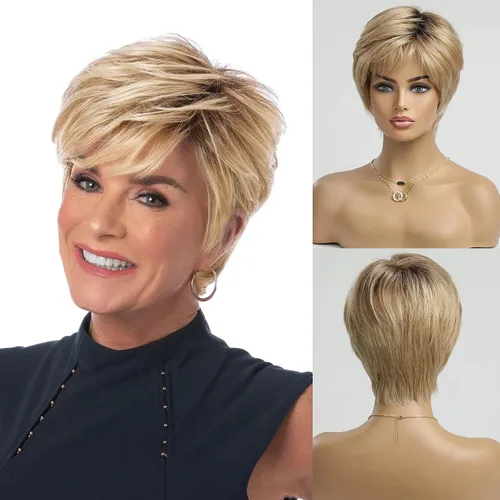 Miniatura 9 de HAIRCUBE Pelucas rubias de corte Pixie para mujer, estilo ondulado natural, peluca de encaje sintético resistente al calor con parte superior