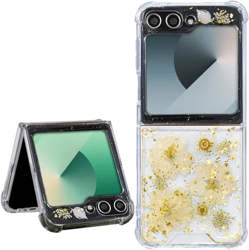 Miniatura 15 de Abbery Funda transparente para Samsung Galaxy Z Flip 3 5G, transparente y con diseño de purpurina bonita con purpurina floral prensada de Rosa