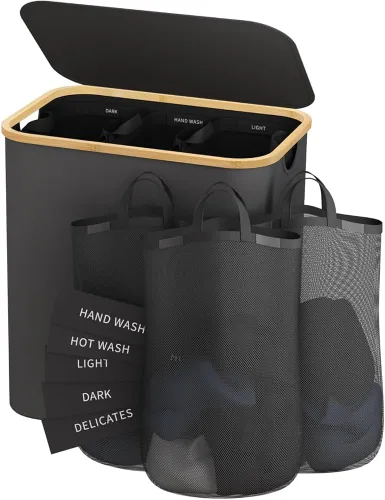 Cesta para ropa sucia de 3 secciones, 145 litros con tapa, cesta de lavandería extragrande con bolsas interiores extraíbles y etiquetas para Gris