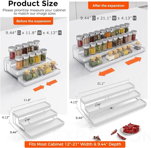 Miniatura 2 de Organizador de Especias Expandible para Gabinete - Organizador de Especias de Gabinete Ajustable de 3 Niveles de Fácil Visibilidad - Organizador
