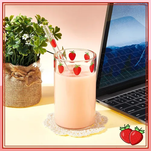 Miniatura 6 de Tessco para ti 2 juegos de tazas de fresa Taza de vidrio de fresa Nana con pajita Vaso de vidrio Vaso de chupito transparente Patrón de bayas Taza