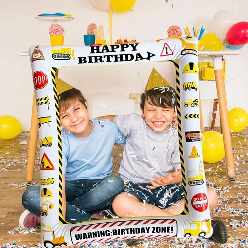 Miniatura 8 de 1 pieza de temática de construcción inflable para cabina de fotos selfie, camión volquete gigante, excavadora, grúa, zona excavadora, fiesta, marco