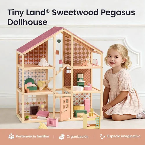 Miniatura 2 de Tiny Land Casa de muñecas de madera para niñas, casa de muñecas de madera de 6 habitaciones, casa de muñecas de bricolaje con 31 accesorios de Rosa