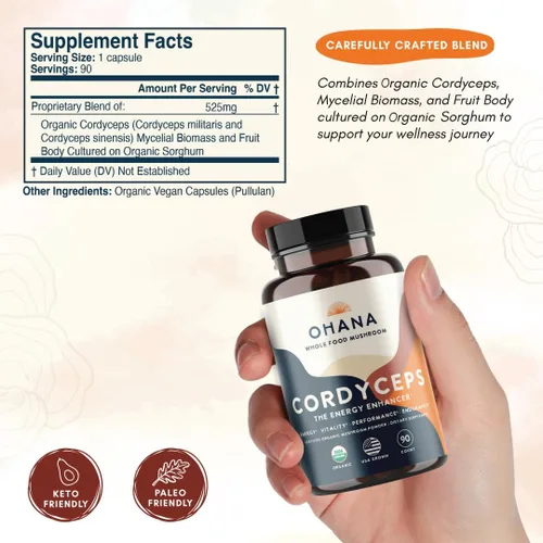 Miniatura 5 de Ohana Cordyceps, mezcla de hongos orgánicos, suplemento orgánico de hongos integrales USDA, sin OMG, sin gluten, botella de 90 cápsulas, paquete de 1