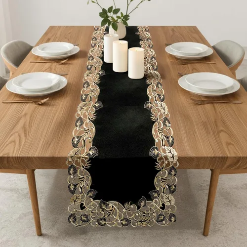 Miniatura 6 de DECOZEN Camino de mesa navideño de encaje dorado negro – Bufanda bordada para comedor y tocador para mesas de vacaciones, bodas y fiestas – 14 x 108