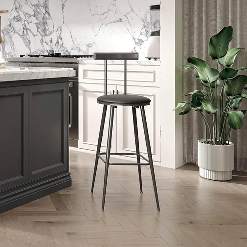 Miniatura 5 de Taburetes de bar, juego de 2 taburetes de cocina altos, sillas de bar con respaldo y reposapiés, taburetes industriales con asiento suave de PU