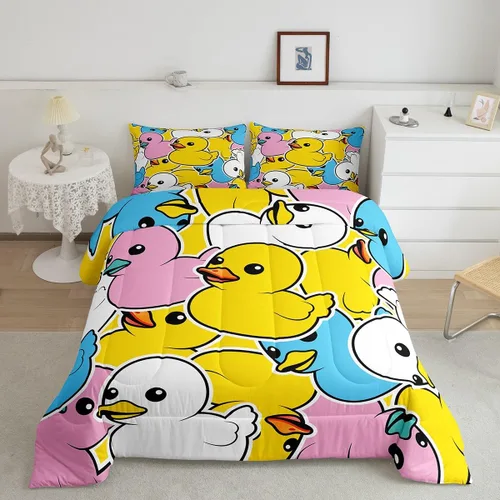 Miniatura 40 de Erosebridal Juego de ropa de cama a cuadros azul para niños, juego de cama individual con diseño de patos amarillos de dibujos animados, juego