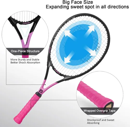 Miniatura 2 de Raqueta de tenis para adultos de 27 pulgadas, raqueta de tenis de fibra de carbono a prueba de golpes, ligera, pre-cordada y con empuñadura, Negro