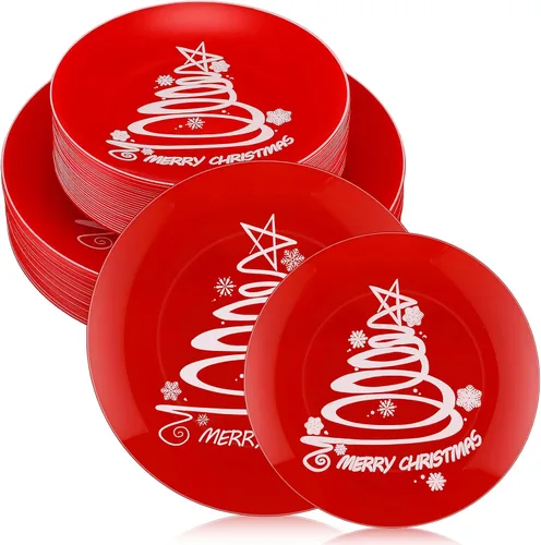 Miniatura 9 de EBOOT 60 piezas de platos de Navidad, platos de plástico de árbol de Navidad redondos desechables para postre y cena, suministros para fiesta