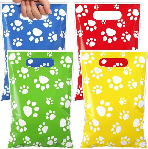Miniatura 20 de Pasimy 100 bolsas de regalo de pata de perro a granel, diseño de pata de mascota, bolsas de plástico con asa para decoración de fiesta de cumpleaños