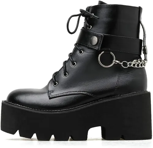 Miniatura 2 de Parisuit Botines góticos de charol para mujer, con plataforma, tacón alto grueso, con cordones, botas de combate punk, botas cortas