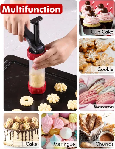 Miniatura 5 de Juego de prensa para galletas, máquina para hacer churros con 12 moldes y 10 puntas para decorar pasteles, prensa para galletas y churros, rojo