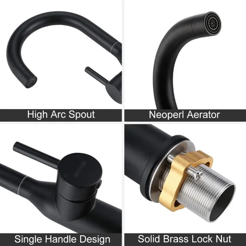 Miniatura 5 de WOWOW Grifo de baño negro - Mezclador de lavabo de arco alto para fregadero de barra de acero inoxidable con mangueras de suministro