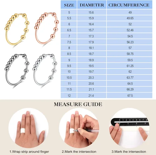 Miniatura 4 de Ursilver Anillo giratorio de plata de ley S925 para mujeres, anillo de ansiedad, anillo para aliviar el estrés con cuentas, anillo fidget, plata