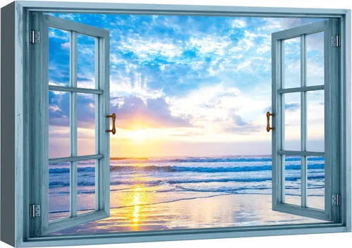 Miniatura 38 de wall26 - Cuadro en lienzo para pared, vista de ventana, atardecer neón, cielo, palmera tropical, playa, naturaleza, desierto, fotografía, realismo