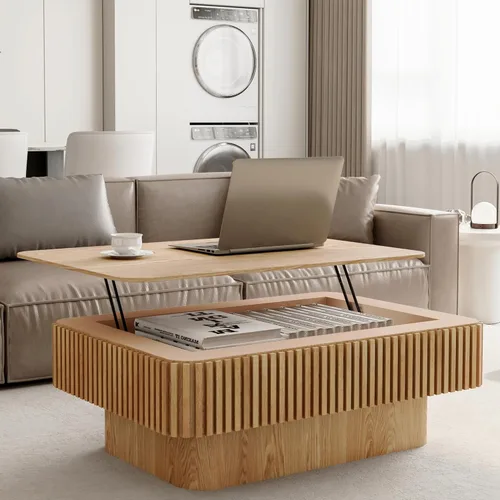 Miniatura 32 de 31.52" Square Lift Top Coffee Table with Storage, Natural Rattan & Hemp Rope, Adjustable Function, Vintage Farmhouse Center Table for Living Room