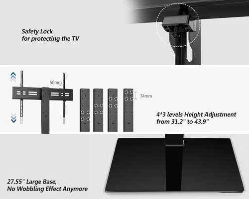 Miniatura 6 de FITUEYES Soporte universal para TV con soporte giratorio para pantallas planas de 50 a 85 pulgadas, base de vidrio templado ajustable en altura que