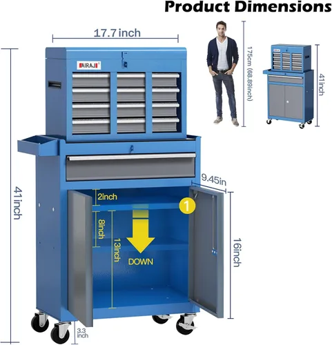 Miniatura 2 de AIRAJ Caja de herramientas con 7 cajones Caja de herramientas rodante de 40 pulgadas de alto con ruedas Caja de herramientas de metal superior