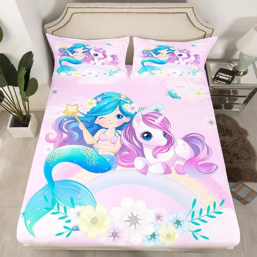 Miniatura 3 de Erosebridal Sábanas de sirena azul para niñas, juego de sábanas de unicornio lindo tamaño matrimonial, 4 piezas para niños, sábanas de arcoíris