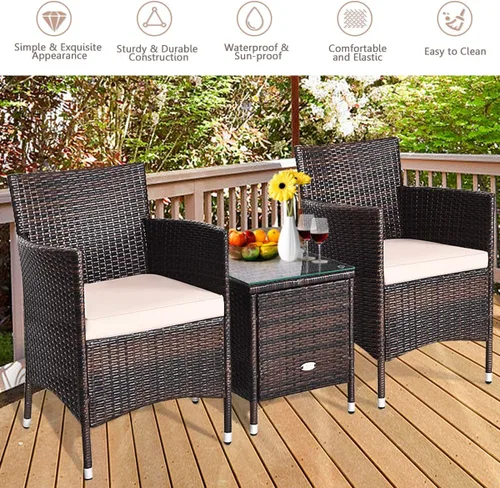 Miniatura 3 de HAPPYGRILL Juego de muebles de mimbre de mimbre para patio de 3 piezas, juego de conversación de ratán al aire libre con mesa auxiliar, sillas