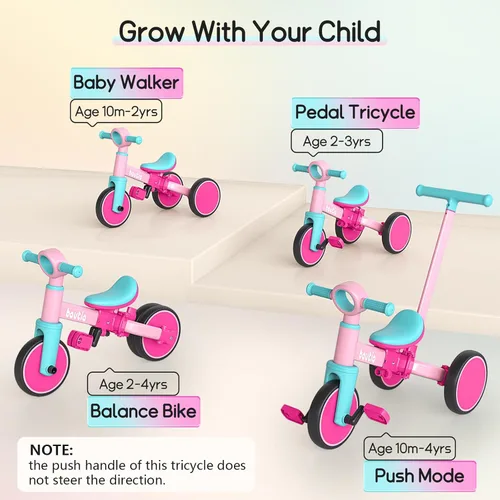 Miniatura 3 de Bautia Triciclo para niños con mango de empuje para niños pequeños de 1 a 4 años, regalo para niños y niñas, bicicleta de equilibrio 5 en 1