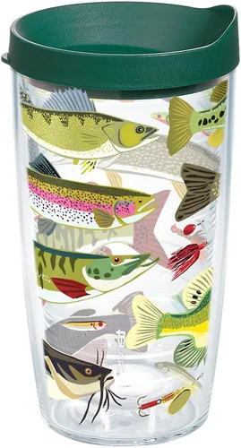 Taza de viaje Tervis Freshwater Fish and Lures fabricada en Estados Unidos de doble pared aislada mantiene las bebidas frías y calientes, 16 onzas,