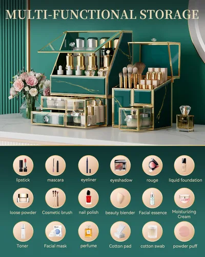 Miniatura 3 de CoralHouse Organizador de maquillaje ámbar, organizador de tocador de vidrio para cuidado de la piel, lápices labiales, perfumes, brochas