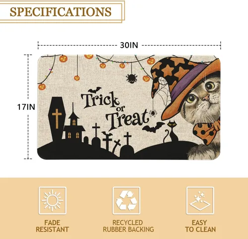 Miniatura 3 de Roszwtit Tapete de puerta de Halloween de 30 x 17 pulgadas, tapete de gato para interiores y exteriores, tapete antideslizante para decoración
