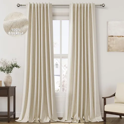 Miniatura 49 de Cortinas de lino 100% opacas para dormitorio, 102 pulgadas de largo, con pestaña trasera, bolsillo para barra, paneles acústicos con aislamiento