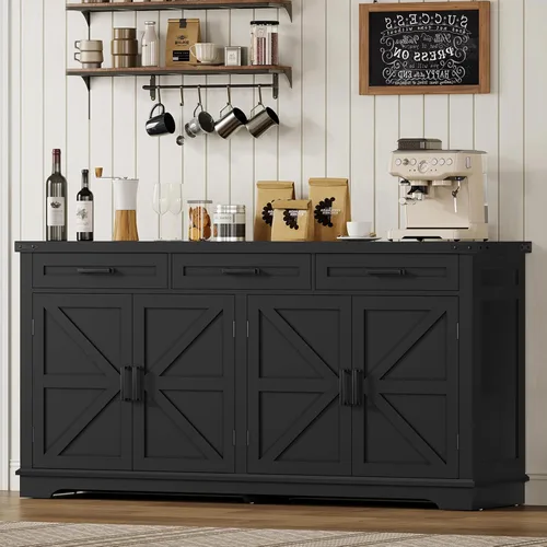 usikey Armario buffet, aparador grande de 61 pulgadas con 3 cajones, barra de café de granja con 4 puertas, para cocina, sala de estar, color negro