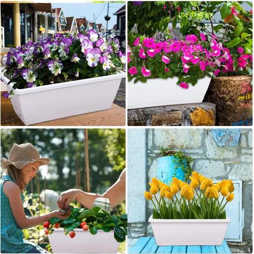 Miniatura 5 de CHUKEMAOYI Macetero para ventana, paquete de 7 macetas de plástico para verduras, macetas rectangulares de 17 pulgadas con platillos