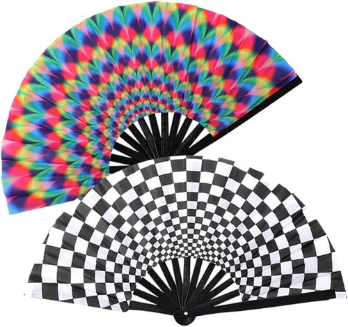 Abanico plegable grande de bambú para mano, 2 unidades, ventilador plegable de mano Rave Clack, ventilador plegable de tela de nailon chino/japonés