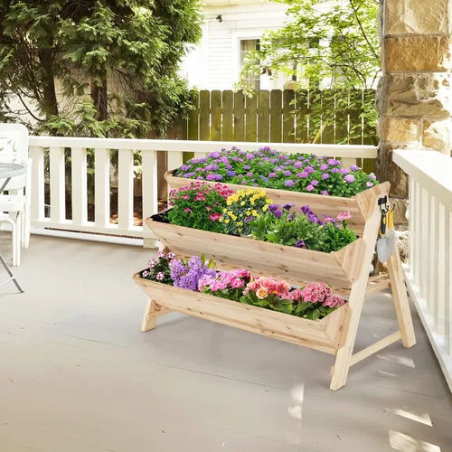 Miniatura 3 de Giantex Cama de jardín elevada, maceta vertical con estante de almacenamiento, maceta elevada de 3 niveles con ganchos laterales, cama de jardín