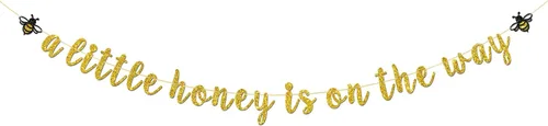 Cartel con texto en inglés "A Little Honey is on The Way" con purpurina dorada con temática de abejorros y abejas, revelación de género, decoración