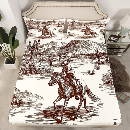 Miniatura 16 de Erosebridal Sábana bajera ajustable de vaquero, tamaño individual, desierto salvaje oeste americano, ilustración dibujada a mano, para decoración