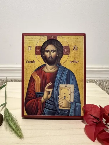 Miniatura 3 de Icono cristiano ortodoxo griego de madera Jesucristo el Pantocrátor (4 "x 5")