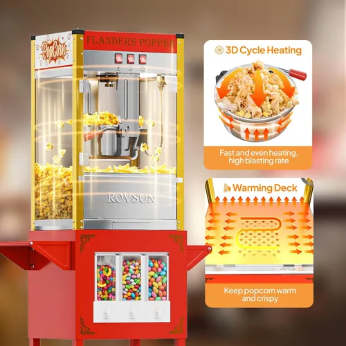 Miniatura 4 de Máquina de palomitas de maíz ROVSUN con carrito, ruedas y hervidor de 10 onzas que hace hasta 4 galones, máquina de palomitas con dispensadores