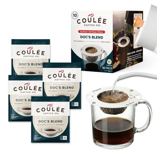 Miniatura 10 de Coulée EcoPour Coffee - Paquete variado de café para verter una sola porción, uso para acampar o viajar, compostable prellenado, todos los filtros
